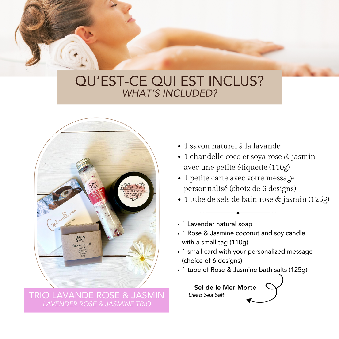 Coffret cadeau merci – savon naturel, chandelle, sels de bain faits au Québec
