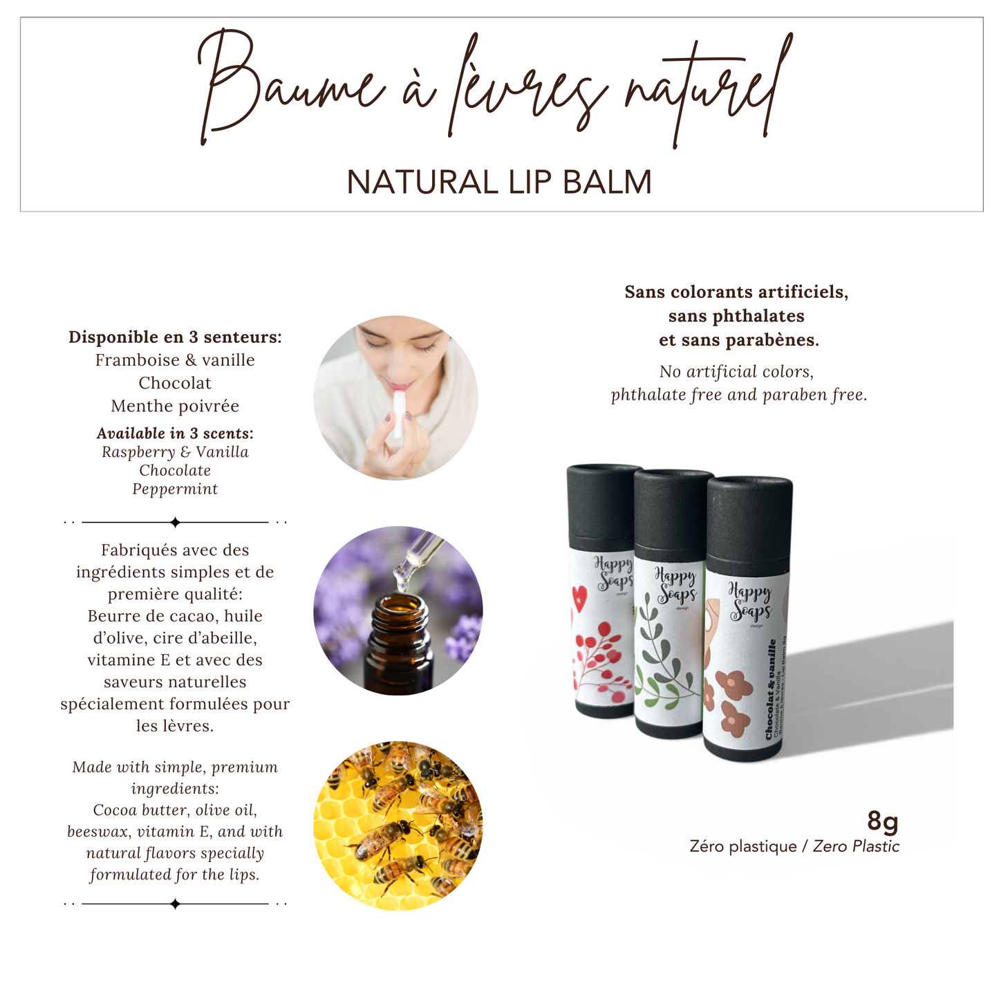 Baumes à lèvres naturels zéro plastique - 8g