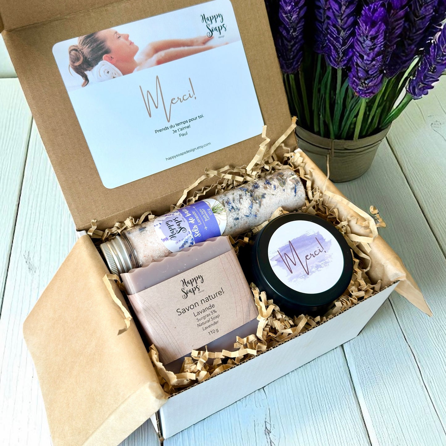 Coffret cadeau merci – savon naturel, chandelle, sels de bain faits au Québec