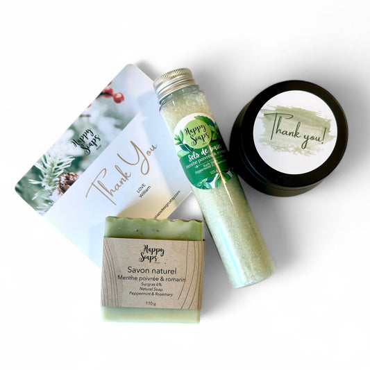 Coffret cadeau merci – savon naturel, chandelle, sels de bain faits au Québec